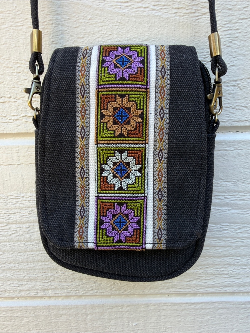 Black Crossbody Bag with Colorful Embroidered Panel 2 Zip compartments.